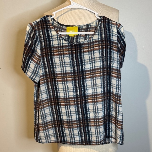 Maeve Tops - Maeve Blue and Brown Checkered Blouse